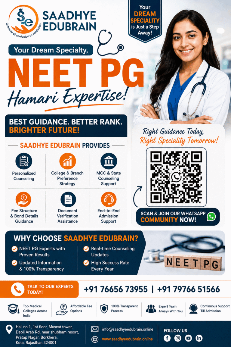 Saadhye Edubrain NEET PG counselling and admission guidance for specialty selection, college preference and medical PG admission